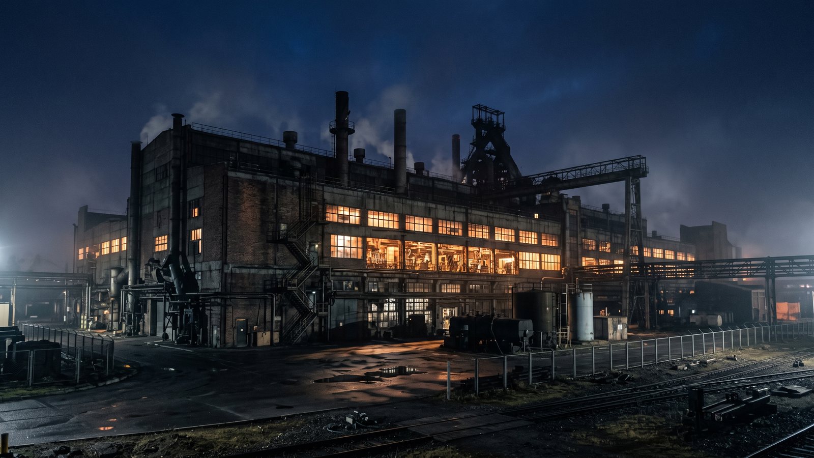 Beleuchtete Fabrikhalle bei Nacht von außen, einzelne Fenster erleuchtet