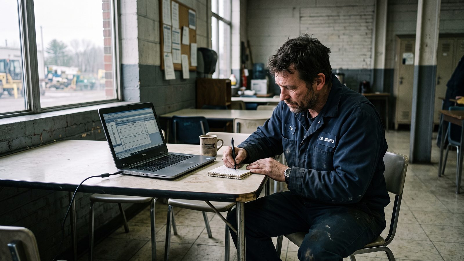 Arbeiter in Arbeitskleidung macht sich im Pausenraum Notizen neben einem Laptop