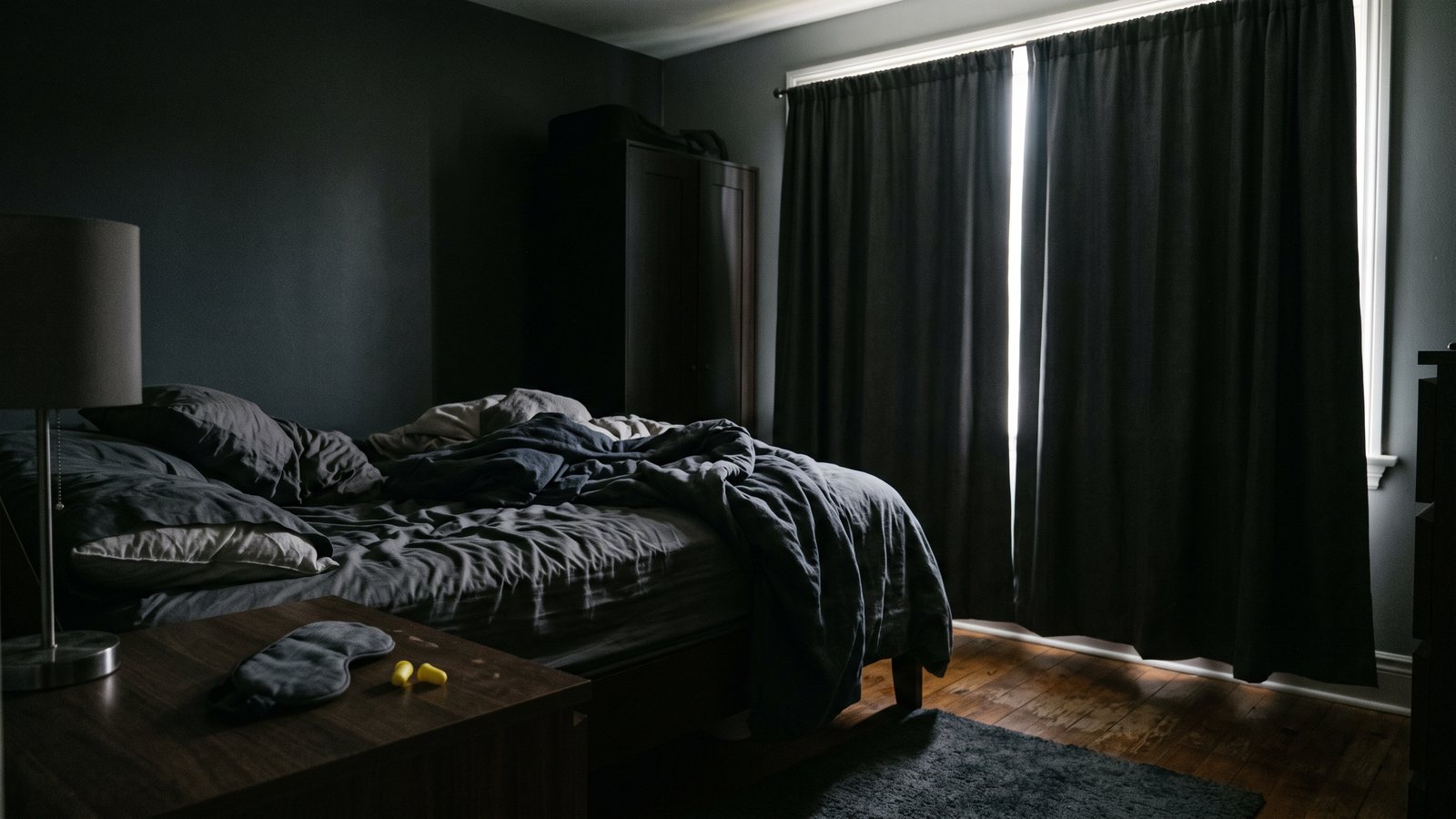 Abgedunkeltes Schlafzimmer am Vormittag mit zugezogenen Verdunkelungsvorhängen nach der Nachtschicht